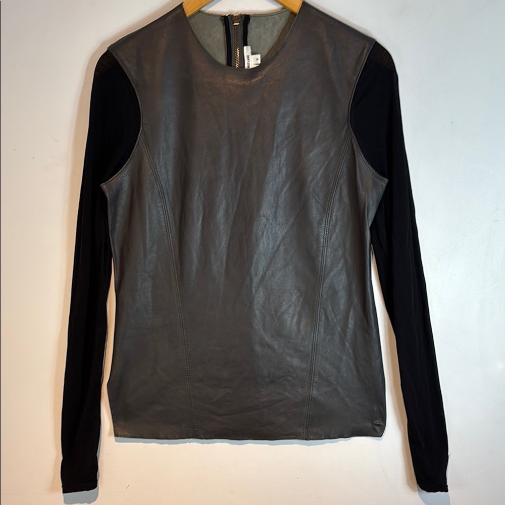 Helmut Lang Black Genuine Lamb Leather Sheer Arm Top Blouse sz S - Picture 9 of 9